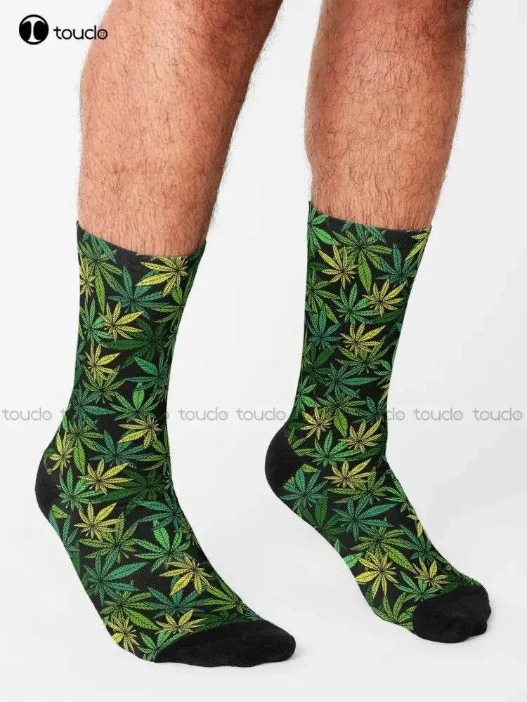 Cannabis Leaves on Black Crew Socks