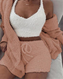 Velvet 3 Piece Womens Pajama Set With Long Sleeve Crop Tank And Drawstring Shorts