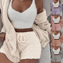 Velvet 3 Piece Womens Pajama Set With Long Sleeve Crop Tank And Drawstring Shorts
