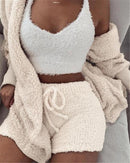 Velvet 3 Piece Womens Pajama Set With Long Sleeve Crop Tank And Drawstring Shorts