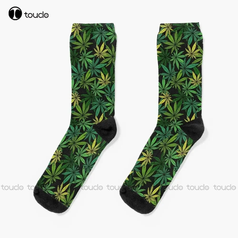 Cannabis Leaves on Black Crew Socks