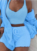 Velvet 3 Piece Womens Pajama Set With Long Sleeve Crop Tank And Drawstring Shorts