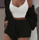 Velvet 3 Piece Womens Pajama Set With Long Sleeve Crop Tank And Drawstring Shorts