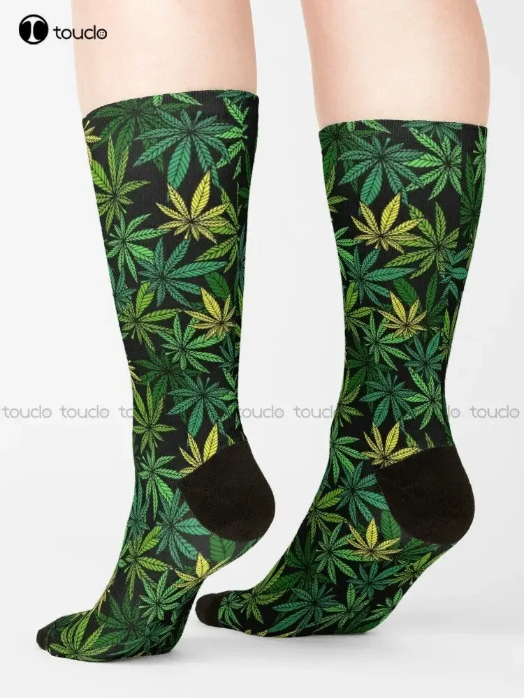 Cannabis Leaves on Black Crew Socks